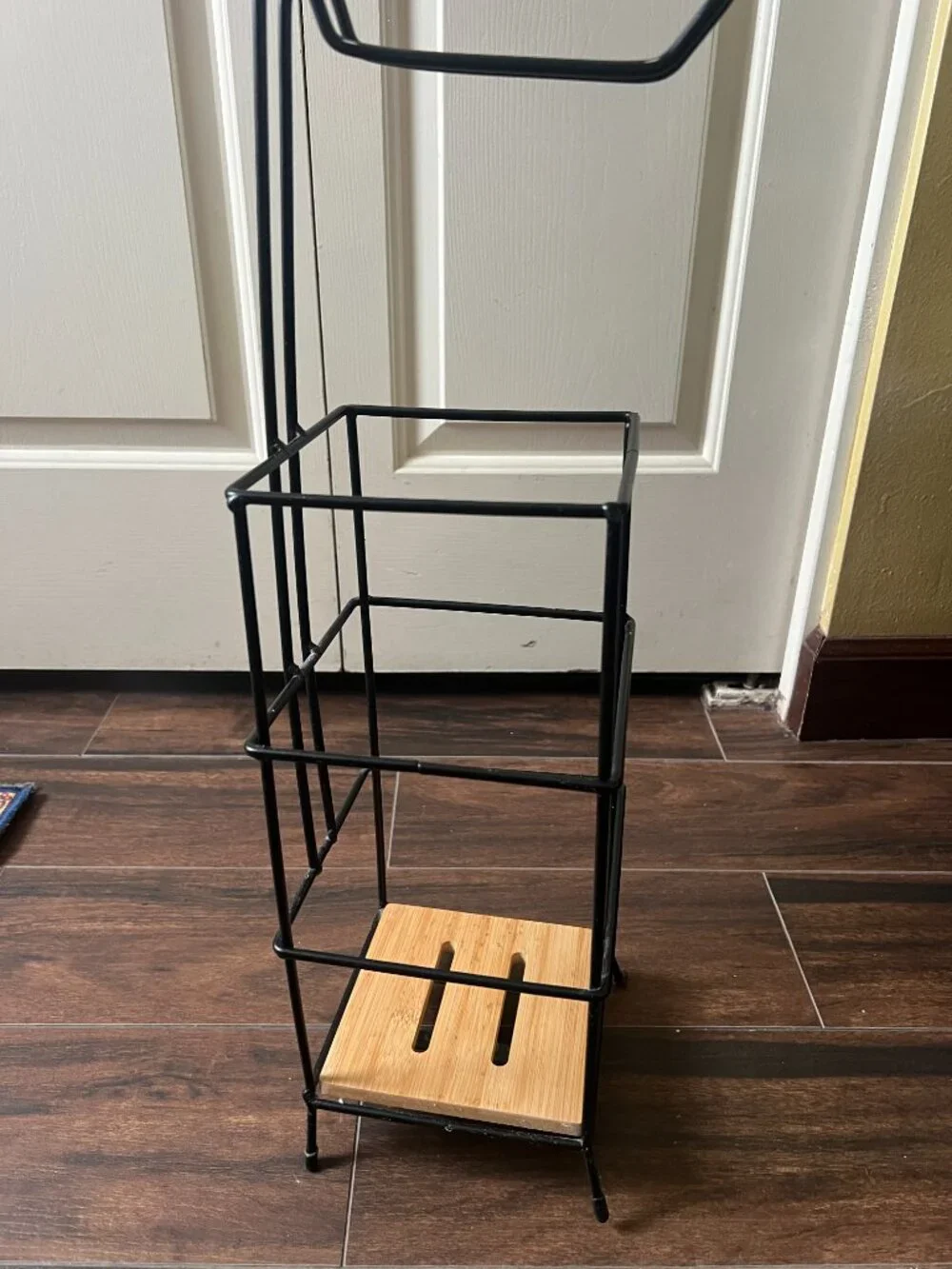 Modern Black Wire & Bamboo Freestanding Toilet Paper Stand Organizer